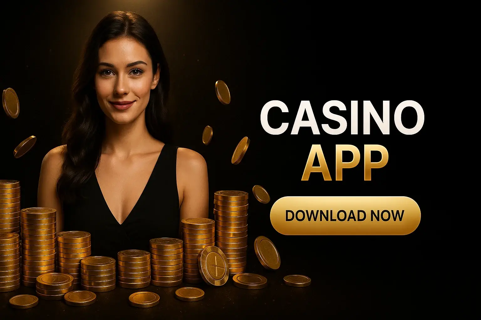 Luxury casino app banner with woman, gold chips, coins and download button