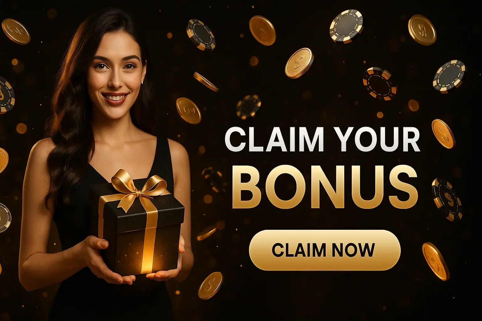 Elegant woman holding luxury gift box with bonus coins and chips