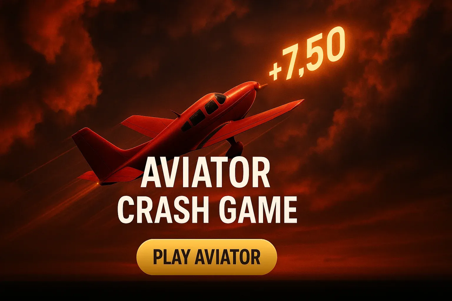 Red aircraft climbing through glowing sky with x7.50 crash game banner