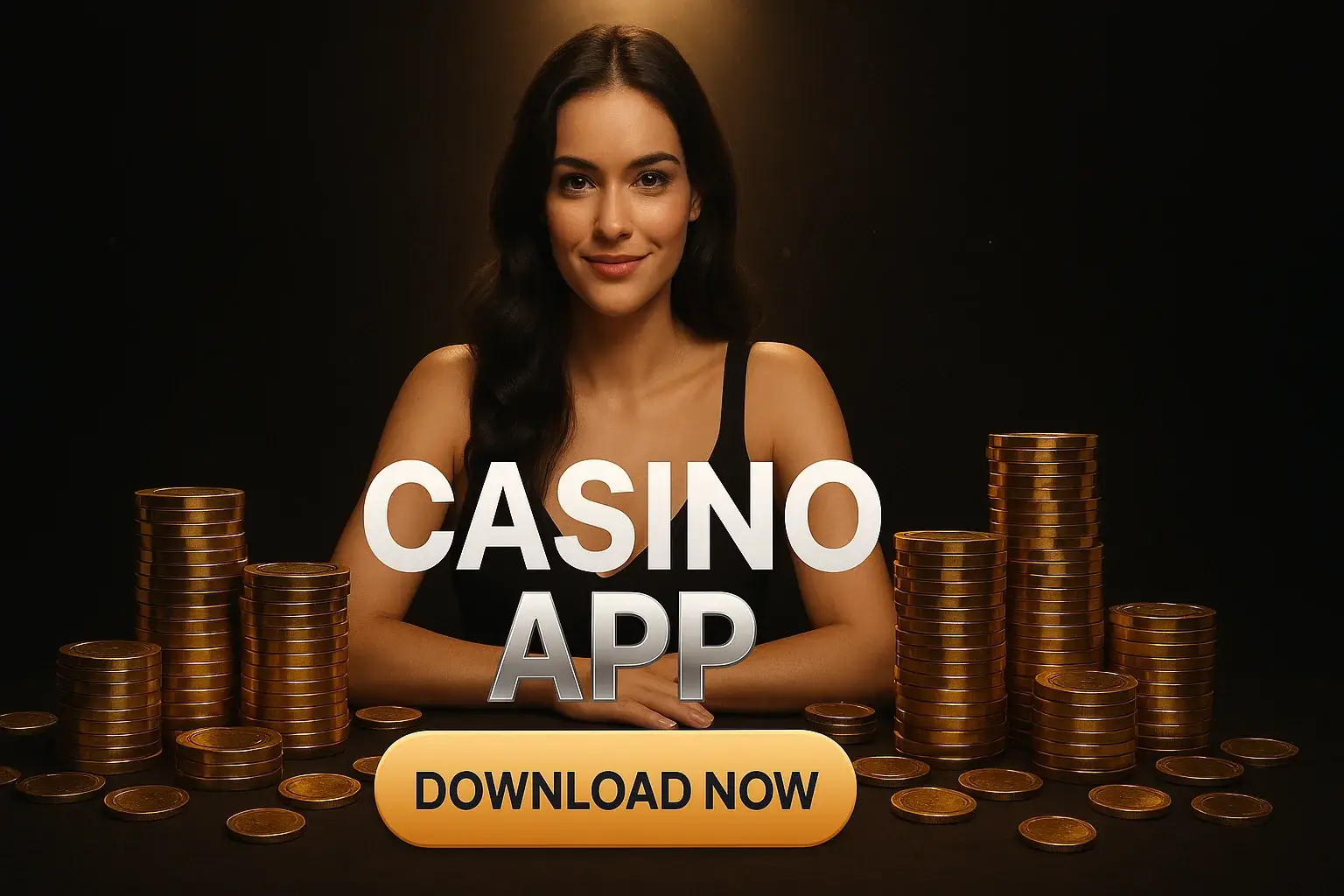 Photorealistic casino app banner with woman, gold chips and download button