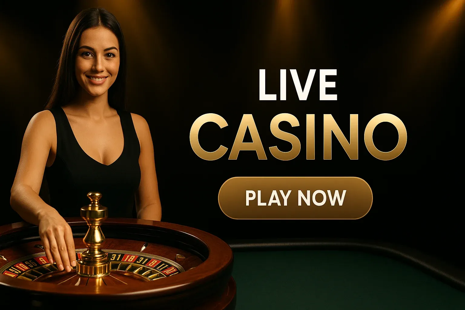 Woman croupier beside roulette wheel on luxury live casino banner