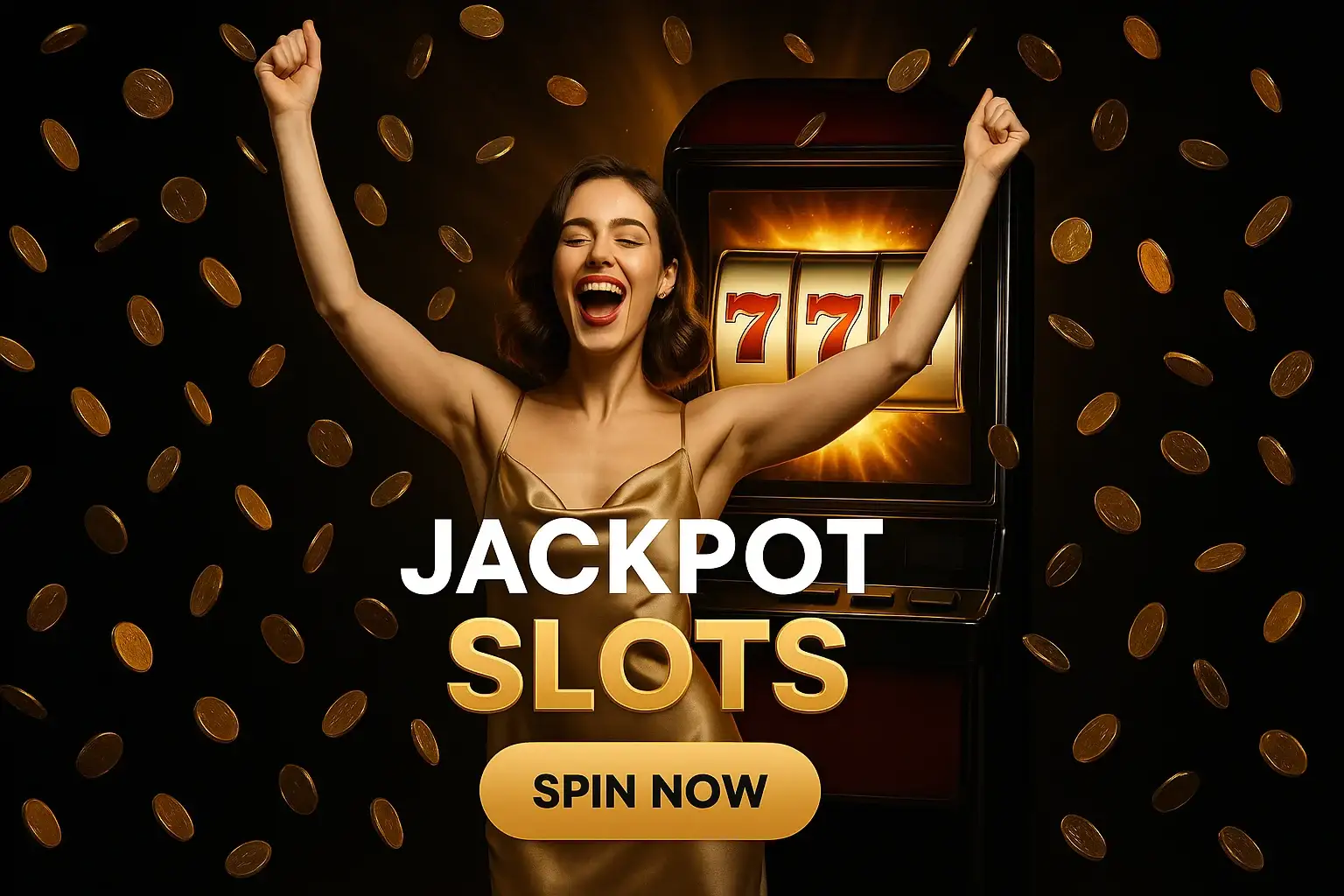 Glamorous woman celebrating jackpot with slot machine and raining gold coins